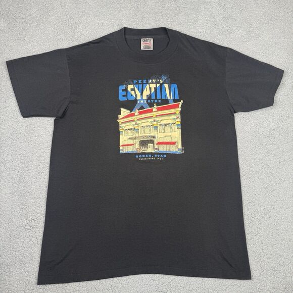 Vtg 90s Peerys Egyptian Theater Shirt Mens L Black Oneita Power Tee Ogden Utah - Picture 1 of 11